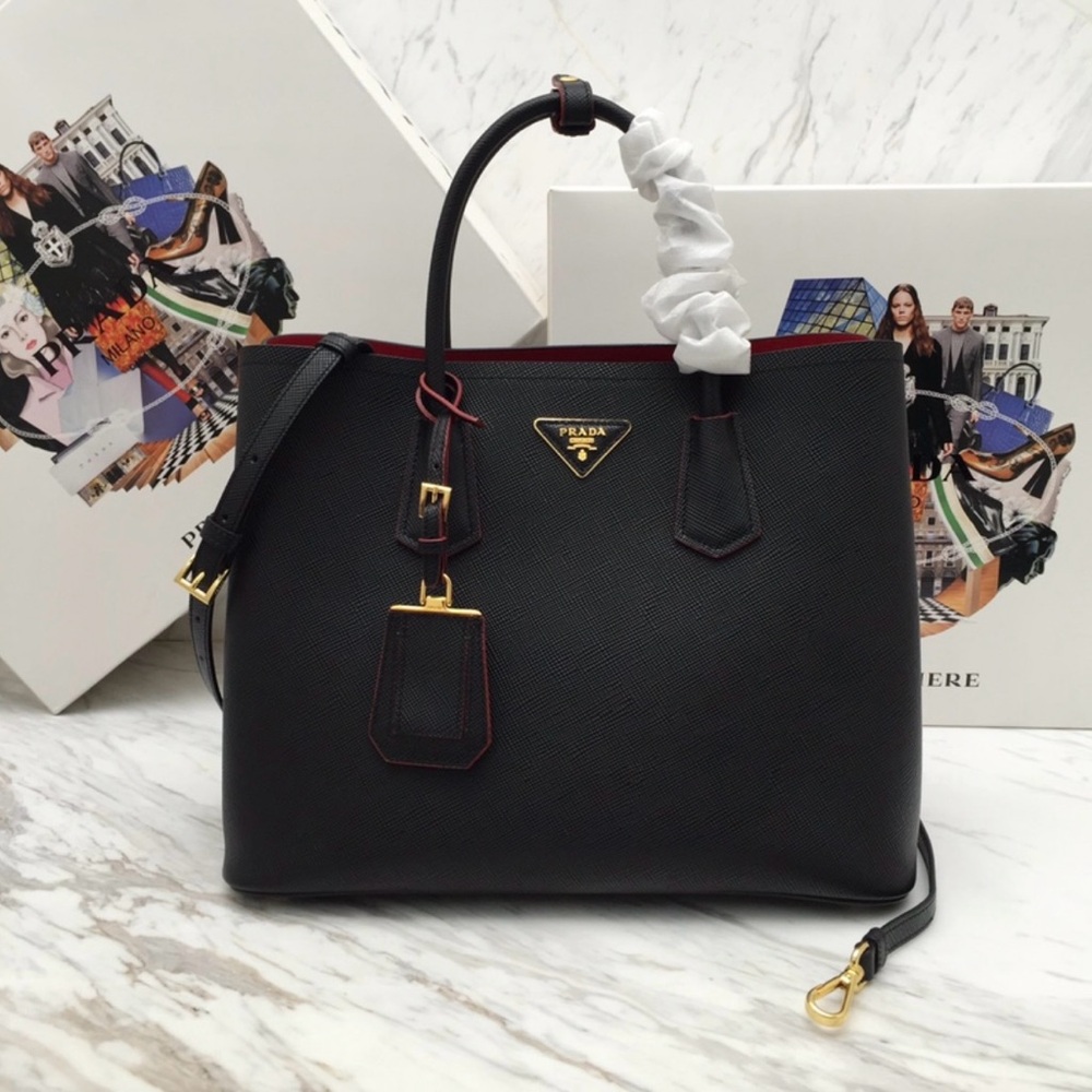 Black/fiery red Small Saffiano Leather Double Prada Double Tote Bag